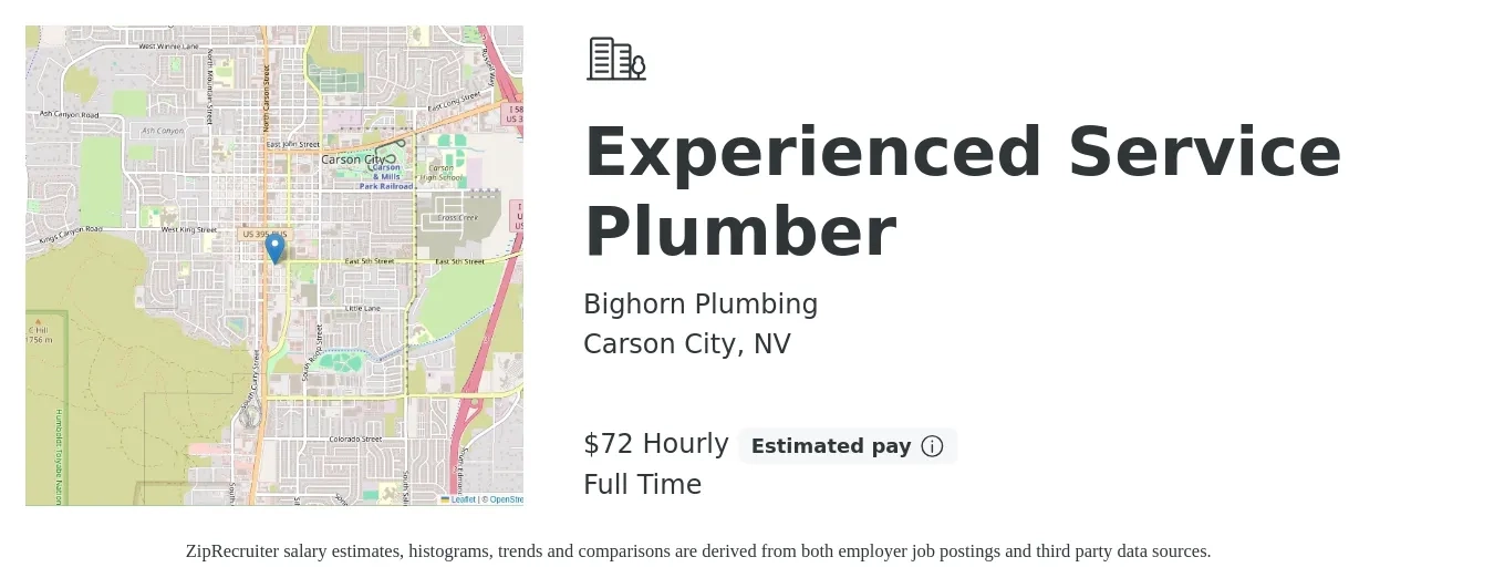 Bighorn Plumbing job posting for a Experienced Service Plumber in Carson City, NV with a salary of $75 Hourly with a map of Carson City location.