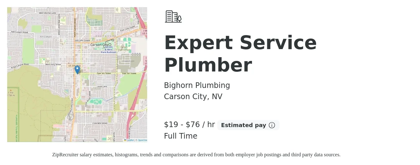 Bighorn Plumbing job posting for a Expert Service Plumber in Carson City, NV with a salary of $20 to $80 Hourly with a map of Carson City location.