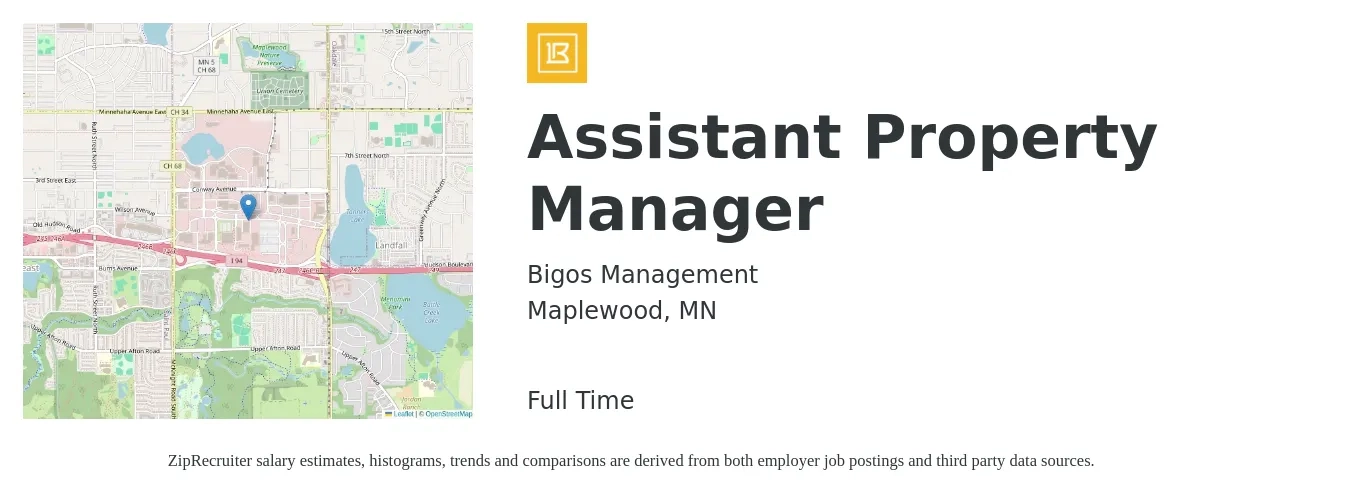 Bigos Management job posting for a Assistant Property Manager in Maplewood, MN with a salary of $19 to $26 Hourly with a map of Maplewood location.