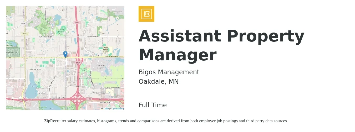 Bigos Management job posting for a Assistant Property Manager in Oakdale, MN with a salary of $19 to $26 Hourly with a map of Oakdale location.