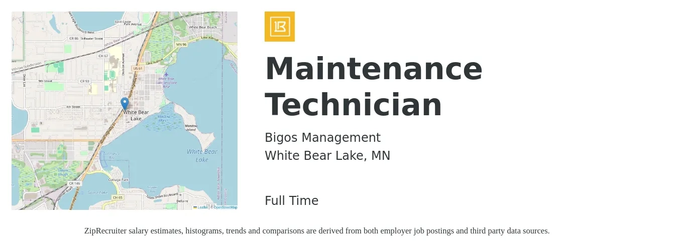 Bigos Management job posting for a Maintenance Technician in White Bear Lake, MN with a salary of $20 to $28 Hourly with a map of White Bear Lake location.
