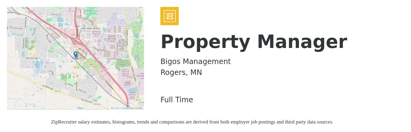 Bigos Management job posting for a Property Manager in Rogers, MN with a salary of $46,300 to $71,500 Yearly with a map of Rogers location.