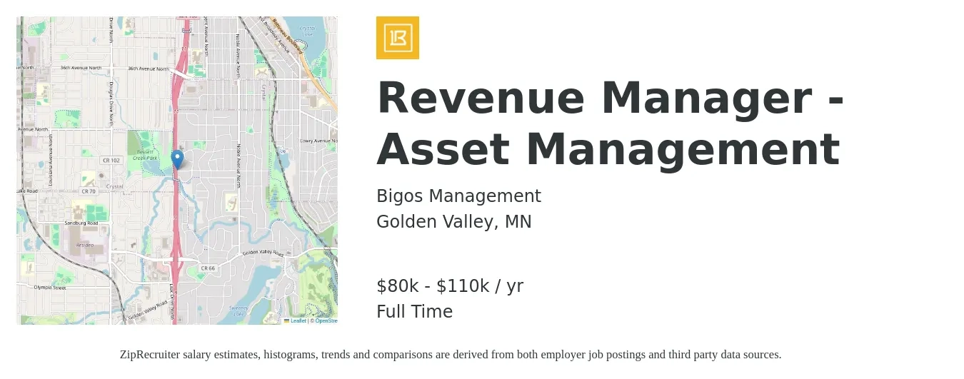 Bigos Management job posting for a Revenue Manager - Asset Management in Golden Valley, MN with a salary of $80,000 to $110,000 Yearly with a map of Golden Valley location.