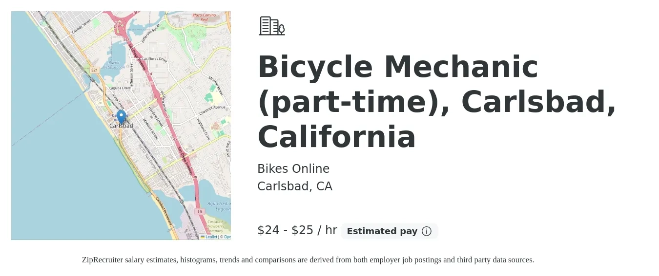 Bikes Online job posting for a Bicycle Mechanic (part-time), Carlsbad, California in Carlsbad, CA with a salary of $25 to $27 Hourly with a map of Carlsbad location.