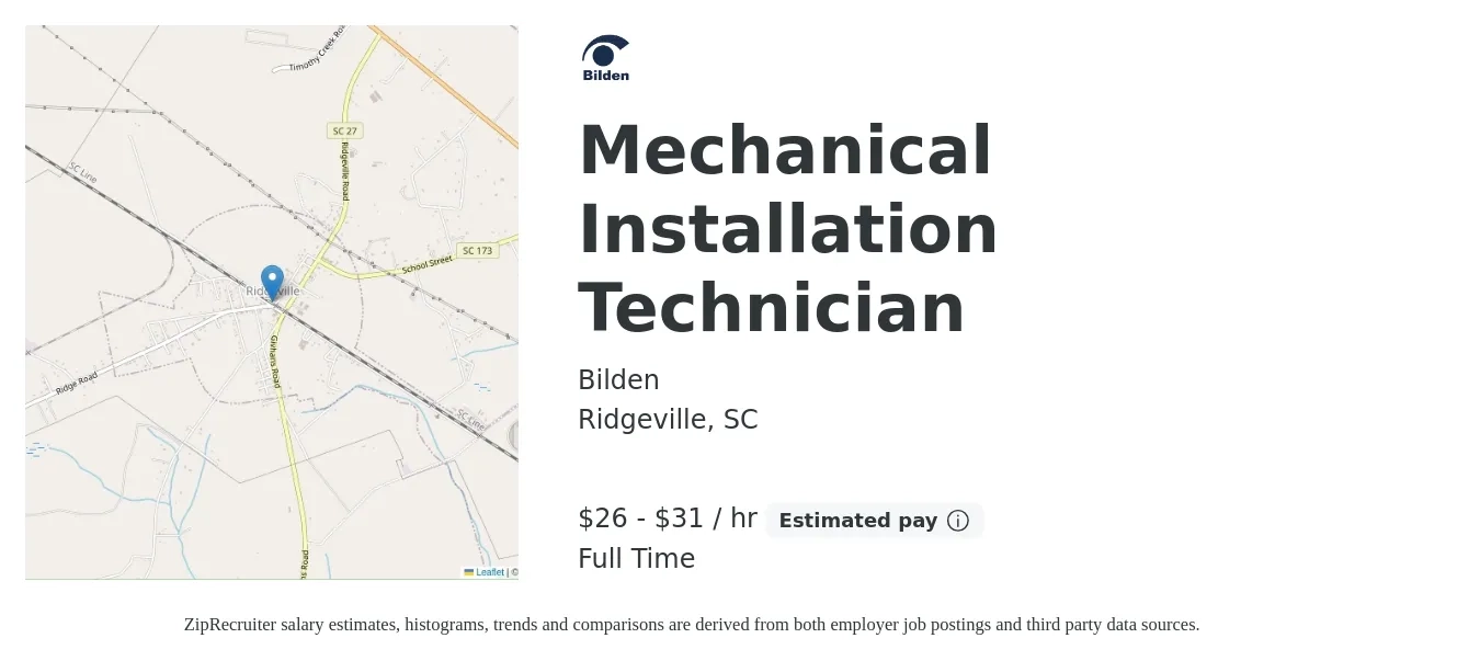 Bilden job posting for a Mechanical Installation Technician in Ridgeville, SC with a salary of $28 to $33 Hourly with a map of Ridgeville location.