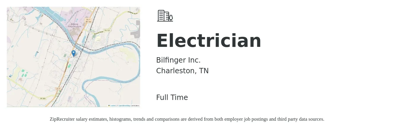 Bilfinger Inc. job posting for a Electrician in Charleston, TN with a salary of $32 to $36 Hourly with a map of Charleston location.
