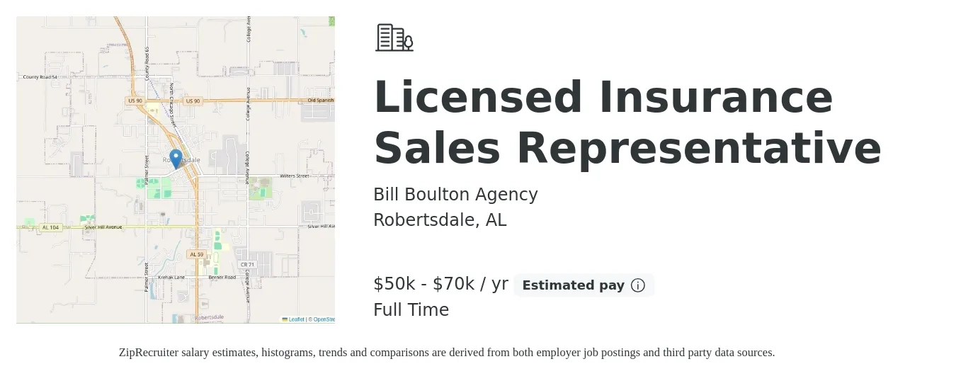 Bill Boulton Agency job posting for a Licensed Insurance Sales Representative in Robertsdale, AL with a salary of $50,000 to $75,000 Yearly with a map of Robertsdale location.