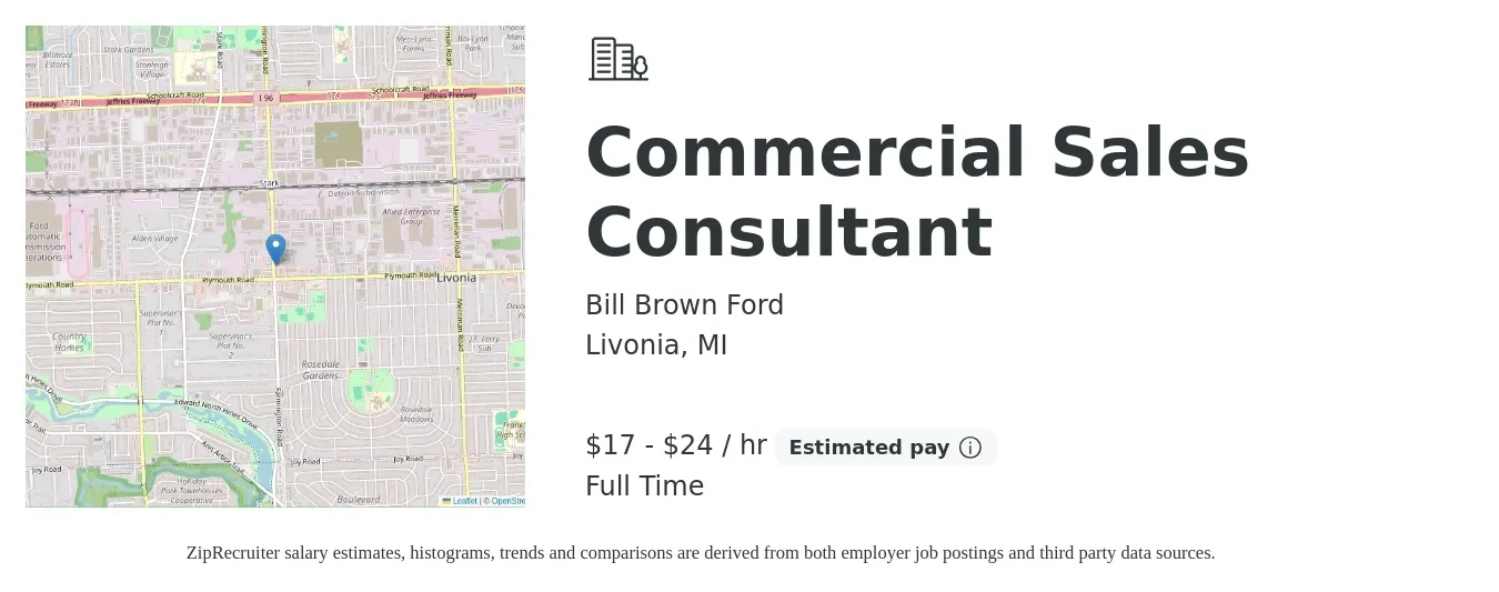 Bill Brown Ford job posting for a Commercial Sales Consultant in Livonia, MI with a salary of $51,500 to $77,200 Yearly with a map of Livonia location.