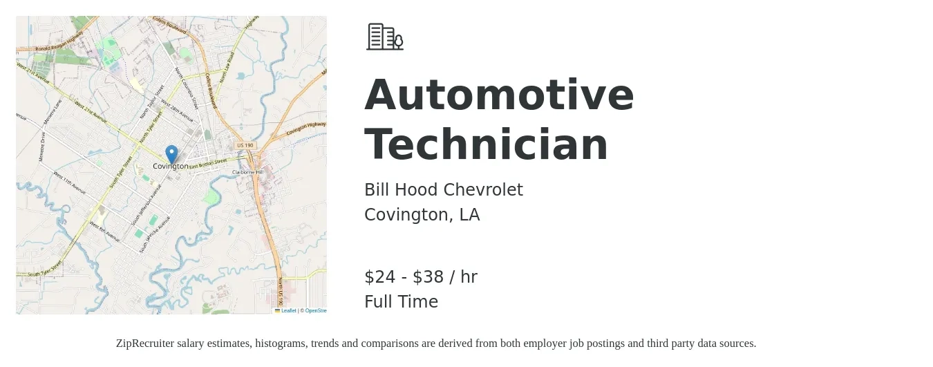 Bill Hood Chevrolet job posting for a Automotive Technician in Covington, LA with a salary of $25 to $40 Hourly with a map of Covington location.