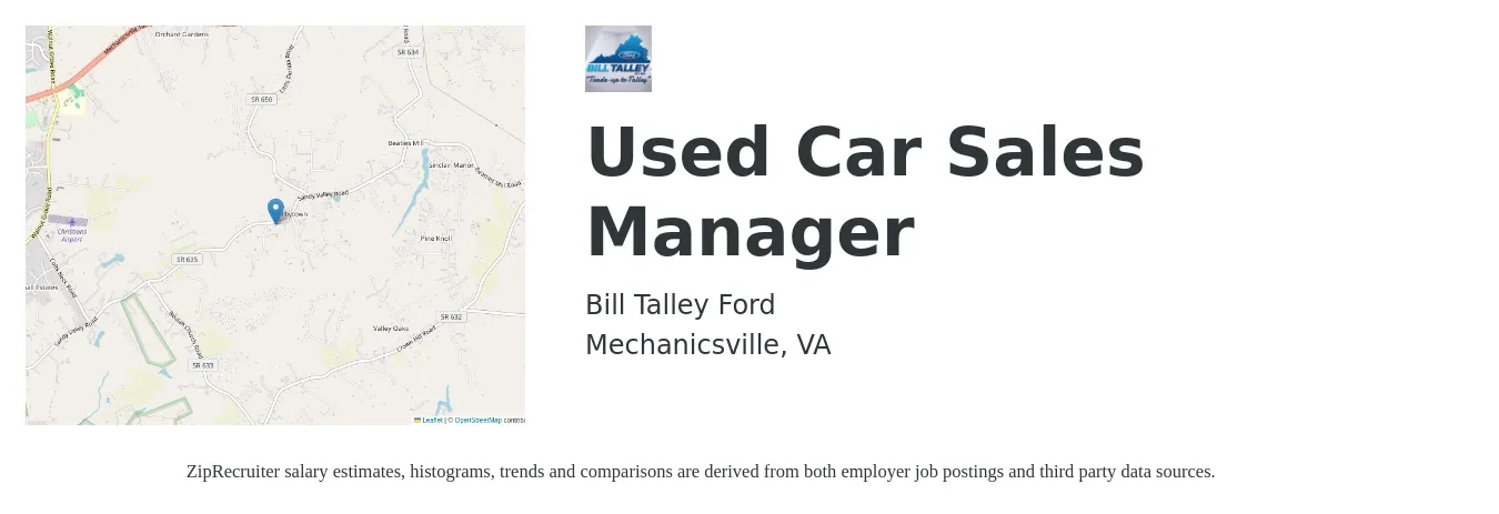 Bill Talley Ford job posting for a Used Car Sales Manager in Mechanicsville, VA with a salary of $75,000 to $151,000 Yearly with a map of Mechanicsville location.