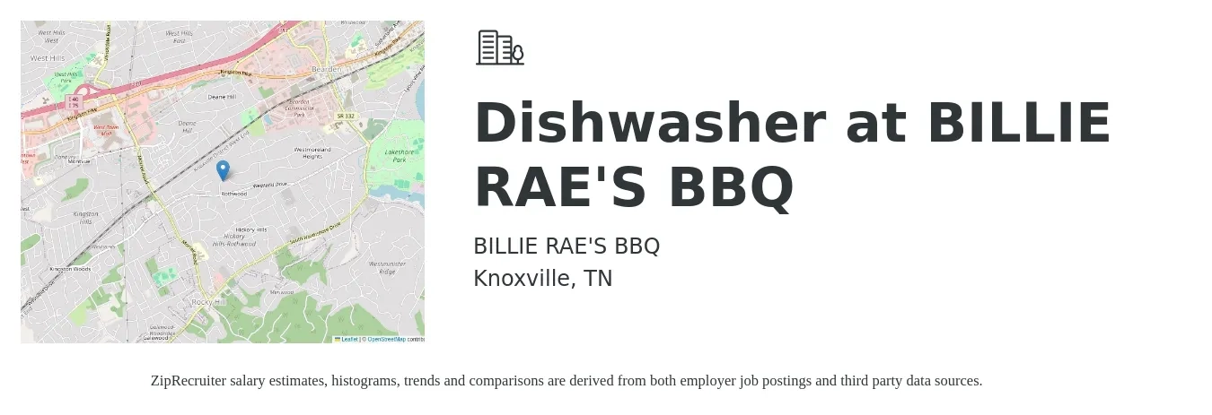 BILLIE RAE'S BBQ job posting for a Dishwasher at BILLIE RAE'S BBQ in Knoxville, TN with a salary of $12 to $16 Hourly with a map of Knoxville location.
