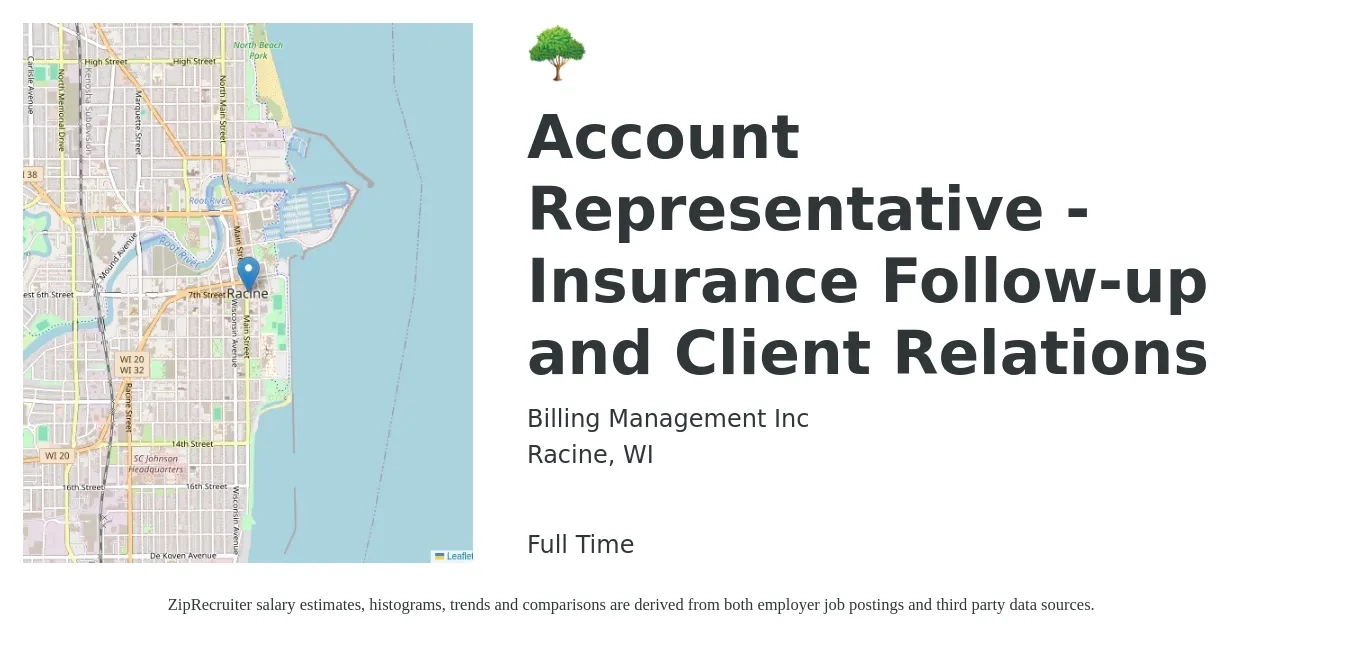 Billing Management Inc job posting for a Account Representative - Insurance Follow-up and Client Relations in Racine, WI with a salary of $37,500 to $66,100 Yearly with a map of Racine location.