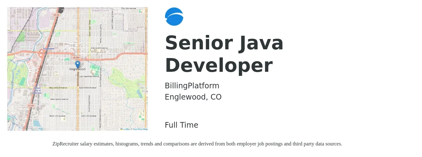 BillingPlatform job posting for a Senior Java Developer in Englewood, CO with a salary of $140,000 to $150,000 Yearly with a map of Englewood location.