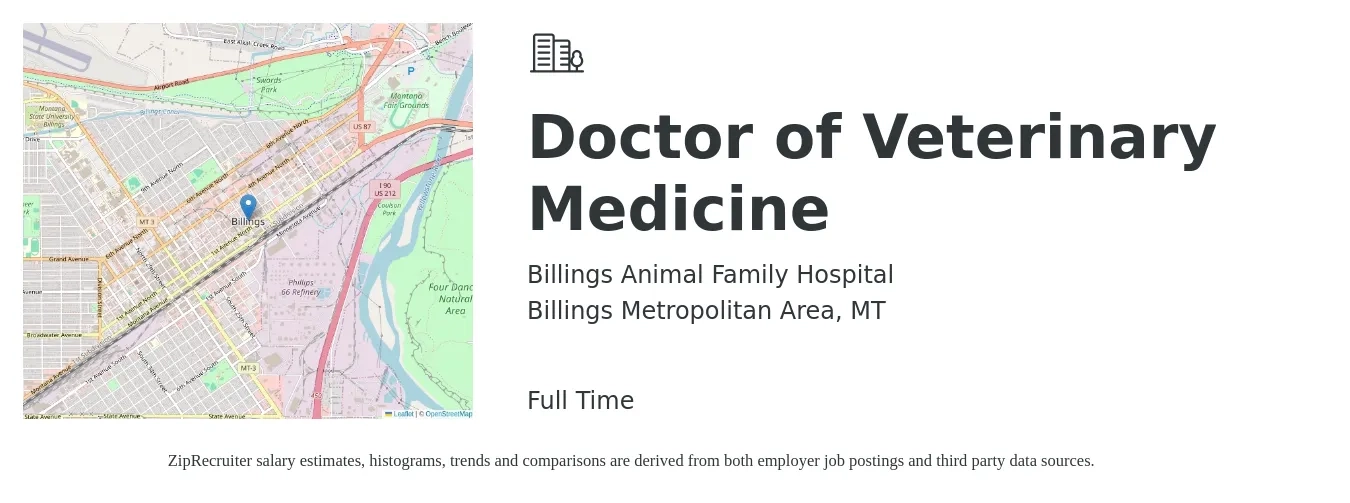 Billings Animal Family Hospital job posting for a Doctor of Veterinary Medicine in Billings Metropolitan Area, MT with a salary of $110,300 to $214,600 Yearly with a map of Billings Metropolitan Area location.
