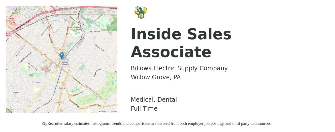 Billows Electric Supply Company job posting for a Inside Sales Associate in Willow Grove, PA with a salary of $18 to $27 Hourly and benefits including medical, pto, retirement, dental, and life_insurance with a map of Willow Grove location.