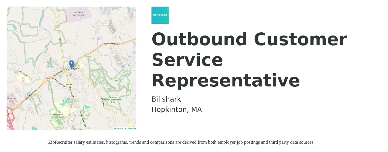 BILLSHARK job posting for a Outbound Customer Service Representative in Hopkinton, MA with a salary of $16 to $22 Hourly with a map of Hopkinton location.