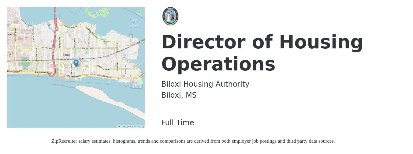 Biloxi Housing Authority job posting for a Director of Housing Operations in Biloxi, MS with a map of Biloxi location.