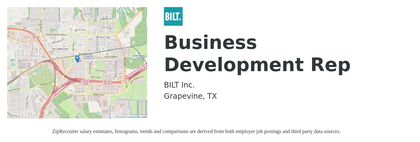 BILT Inc. job posting for a Business Development Rep in Grapevine, TX with a salary of $41,600 to $64,700 Yearly with a map of Grapevine location.