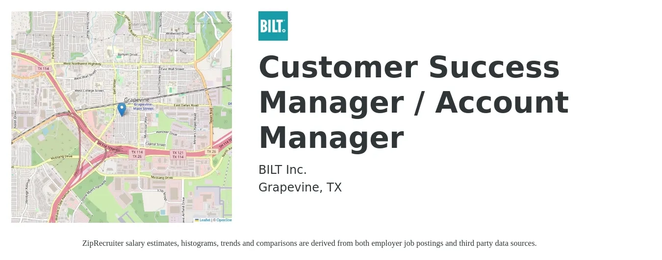Bilt job posting for a Customer Success Manager / Account Manager in Grapevine, TX with a salary of $44,300 to $72,500 Yearly with a map of Grapevine location.