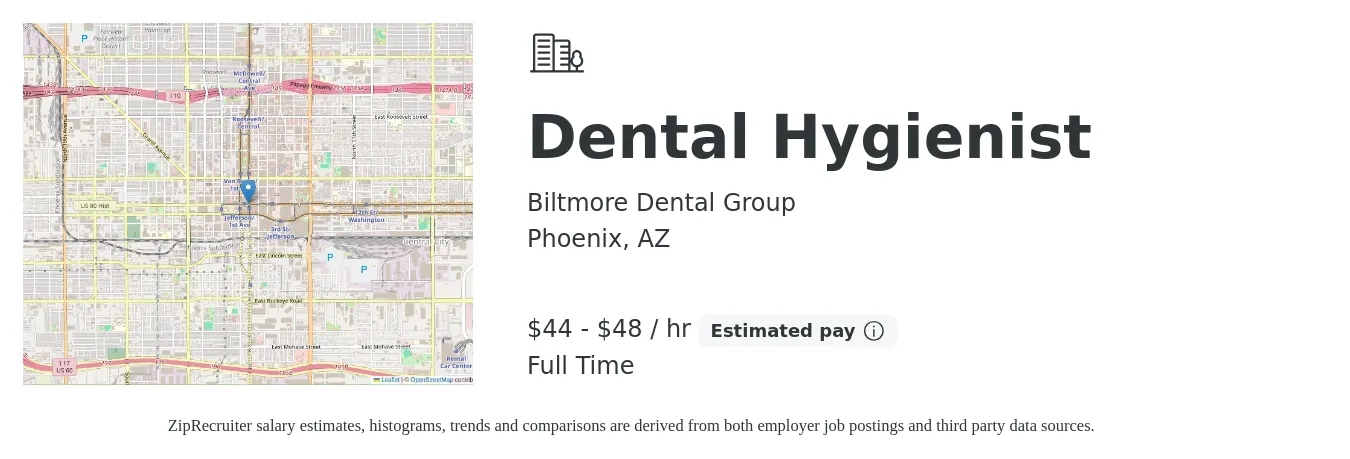 Biltmore Dental Group job posting for a Dental Hygienist in Phoenix, AZ with a salary of $38 to $50 Hourly with a map of Phoenix location.