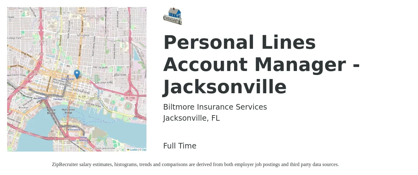 Biltmore Insurance Services job posting for a Personal Lines Account Manager - Jacksonville in Jacksonville, FL with a salary of $41,000 to $55,500 Yearly with a map of Jacksonville location.