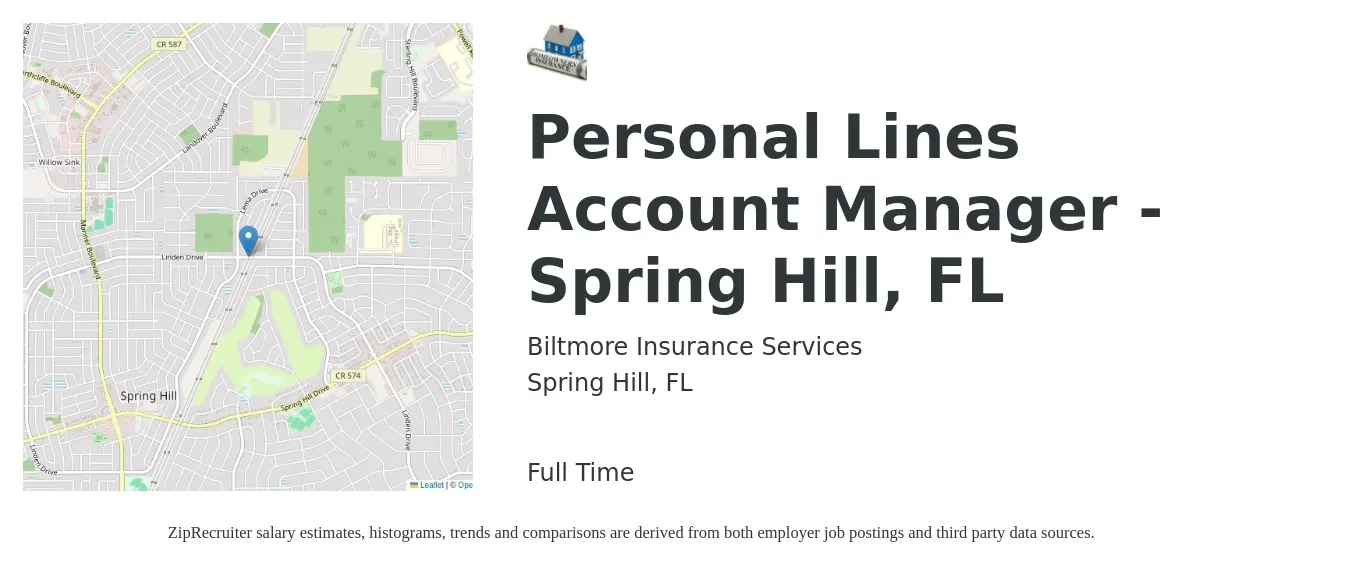 Biltmore Insurance Services job posting for a Personal Lines Account Manager - Spring Hill, FL in Spring Hill, FL with a salary of $38,200 to $51,700 Yearly with a map of Spring Hill location.