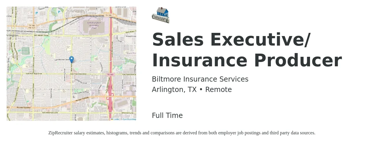 Biltmore Insurance Services job posting for a Sales Executive/ Insurance Producer in Arlington, TX with a salary of $38,200 to $53,100 Yearly with a map of Arlington location.