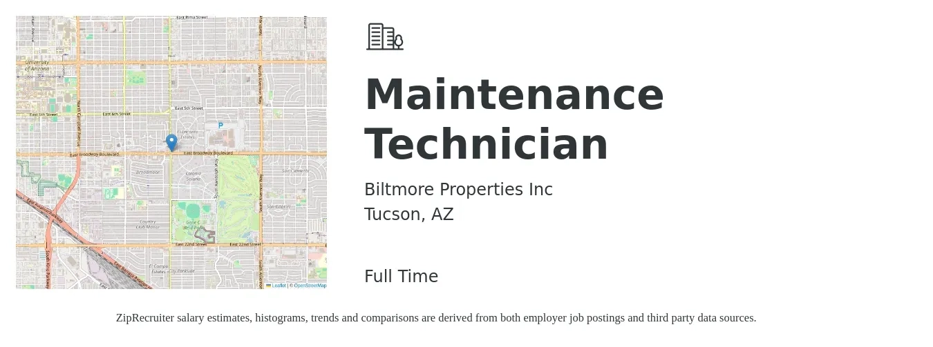 Biltmore Properties Inc job posting for a Maintenance Technician in Tucson, AZ with a salary of $16 to $23 Hourly with a map of Tucson location.