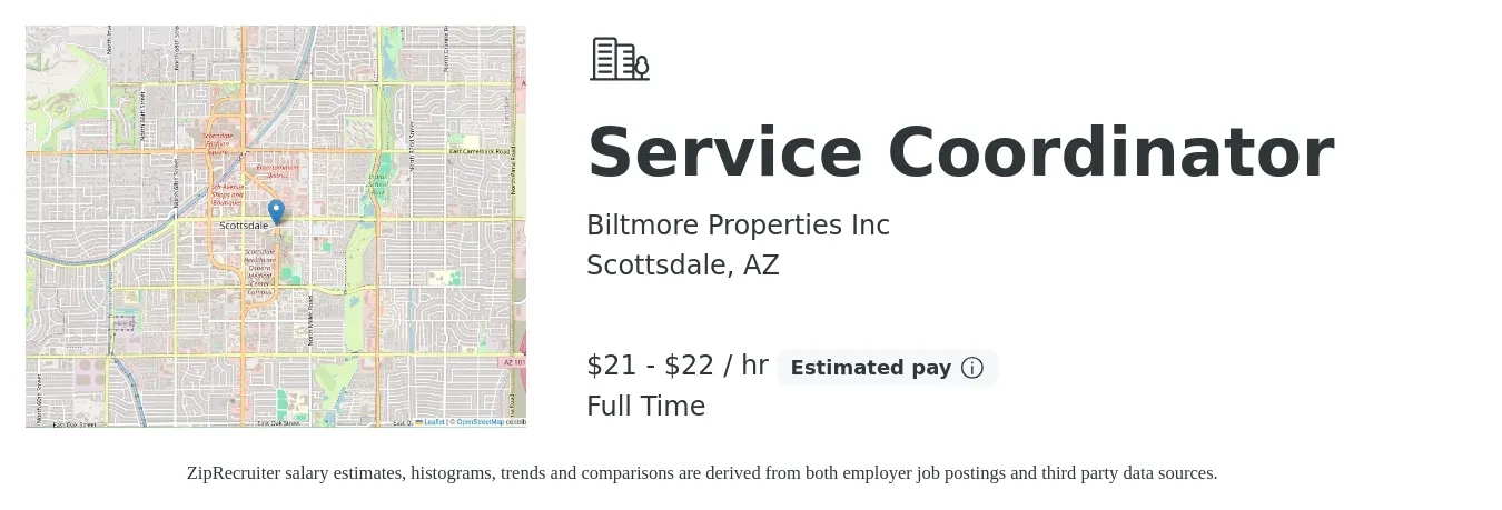 Biltmore Properties Inc job posting for a Service Coordinator in Scottsdale, AZ with a salary of $22 to $23 Hourly with a map of Scottsdale location.