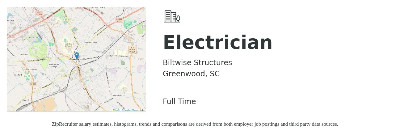 Biltwise Structures job posting for a Electrician in Greenwood, SC with a salary of $23 to $32 Hourly with a map of Greenwood location.