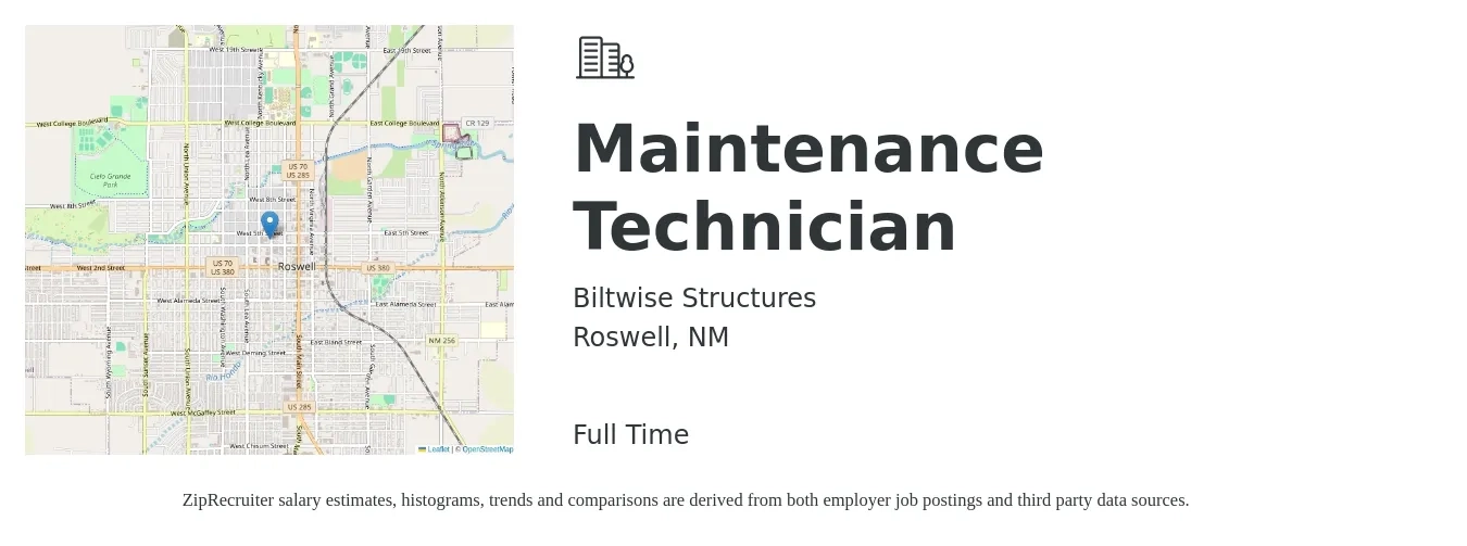 Biltwise Structures job posting for a Maintenance Technician in Roswell, NM with a salary of $17 to $24 Hourly with a map of Roswell location.