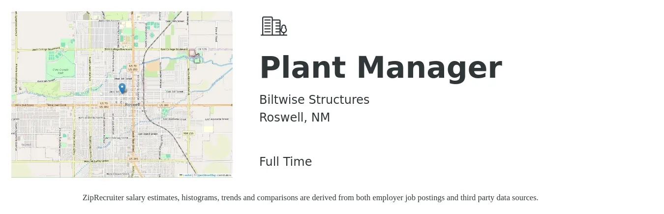 Biltwise Structures job posting for a Plant Manager in Roswell, NM with a salary of $79,900 to $123,400 Yearly with a map of Roswell location.
