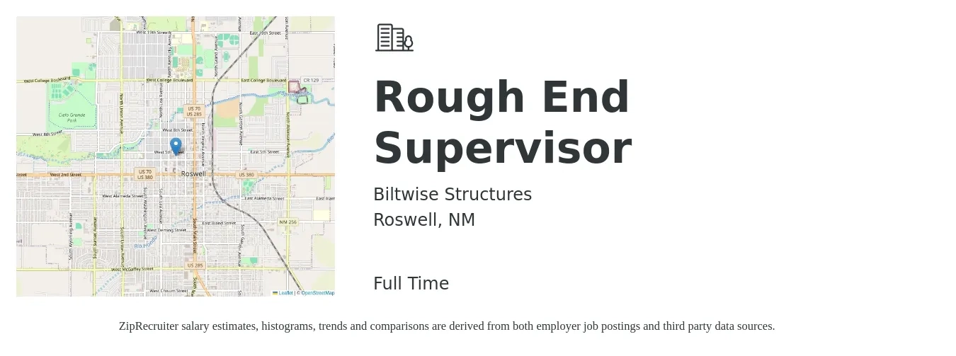 Biltwise Structures job posting for a Rough End Supervisor in Roswell, NM with a salary of $27 to $39 Hourly with a map of Roswell location.