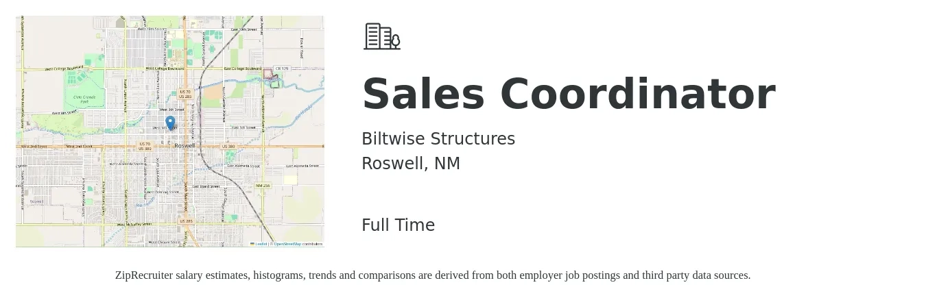 Biltwise Structures job posting for a Sales Coordinator in Roswell, NM with a salary of $16 to $22 Hourly with a map of Roswell location.