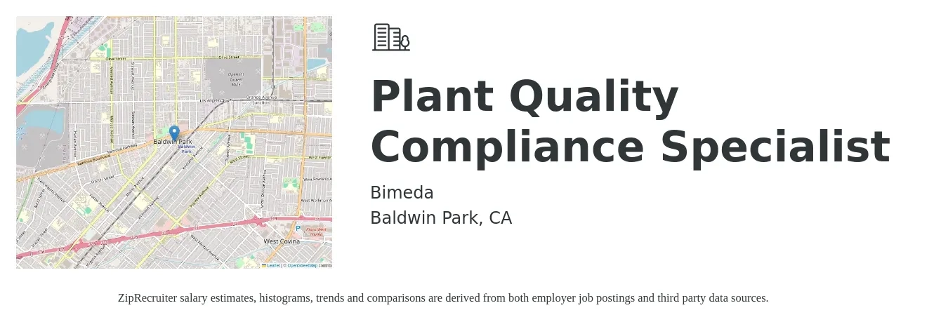 Bimeda job posting for a Plant Quality Compliance Specialist in Baldwin Park, CA with a salary of $68,000 to $72,000 Yearly with a map of Baldwin Park location.