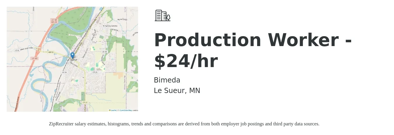 Bimeda job posting for a Production Worker - $24/hr in Le Sueur, MN with a salary of $24 Hourly with a map of Le Sueur location.