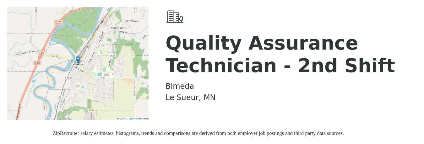 Bimeda job posting for a Quality Assurance Technician - 2nd Shift in Le Sueur, MN with a salary of $23 to $26 Hourly with a map of Le Sueur location.