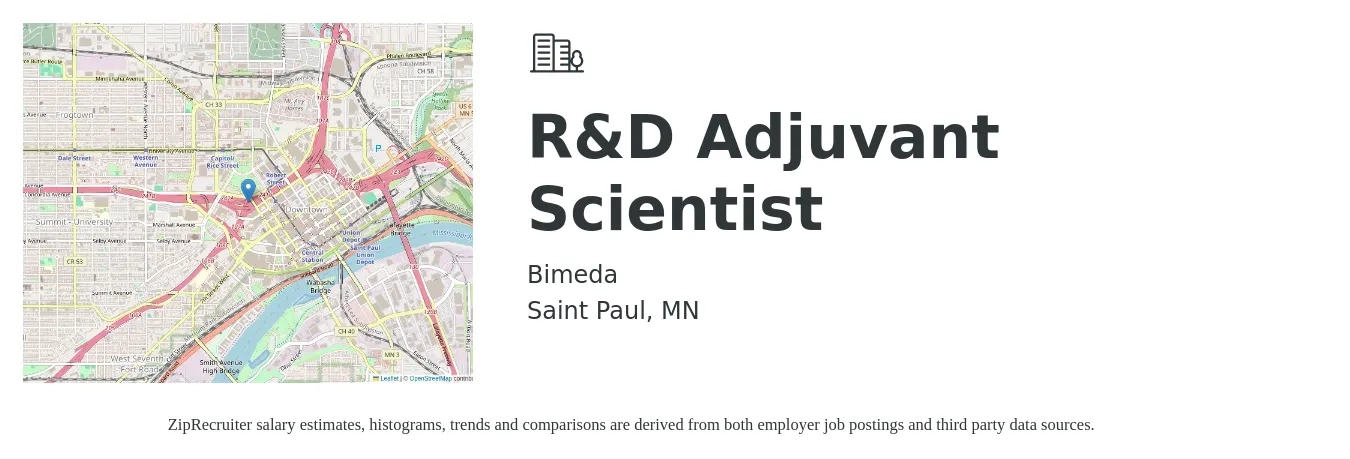 Bimeda job posting for a R&D Adjuvant Scientist in Saint Paul, MN with a salary of $110,000 to $177,000 Yearly with a map of Saint Paul location.