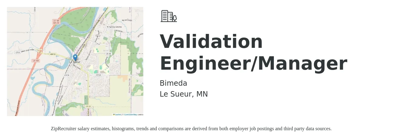 Bimeda job posting for a Validation Engineer/Manager in Le Sueur, MN with a salary of $115,000 Yearly with a map of Le Sueur location.