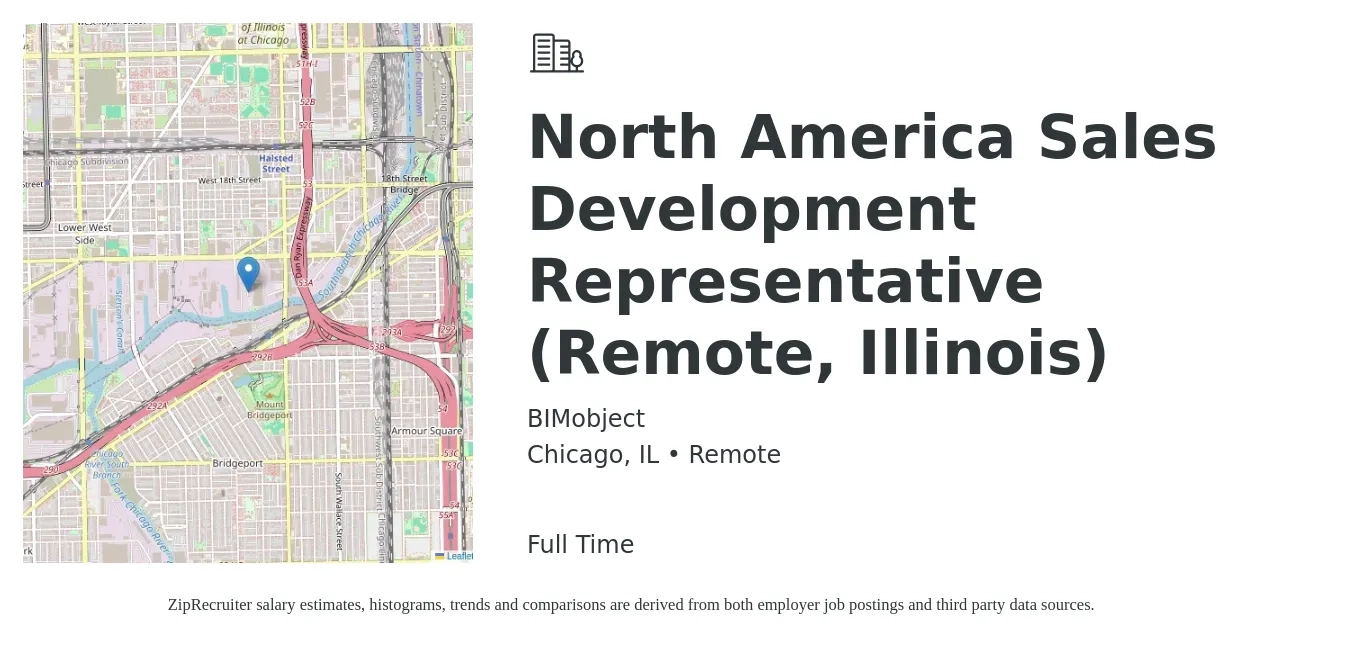 BIMobject job posting for a North America Sales Development Representative (Remote, Illinois) in Chicago, IL with a salary of $43,300 to $62,800 Yearly with a map of Chicago location.