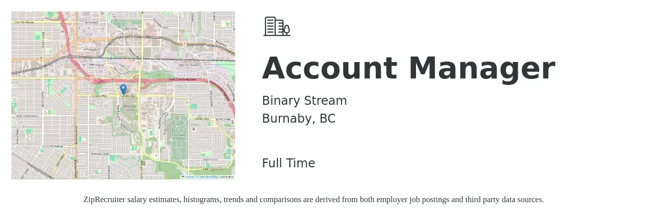 Binary Stream job posting for a Account Manager in Burnaby, BC with a map of Burnaby location.