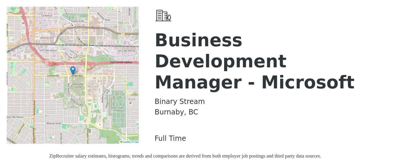Binary Stream job posting for a Business Development Manager - Microsoft in Burnaby, BC with a map of Burnaby location.