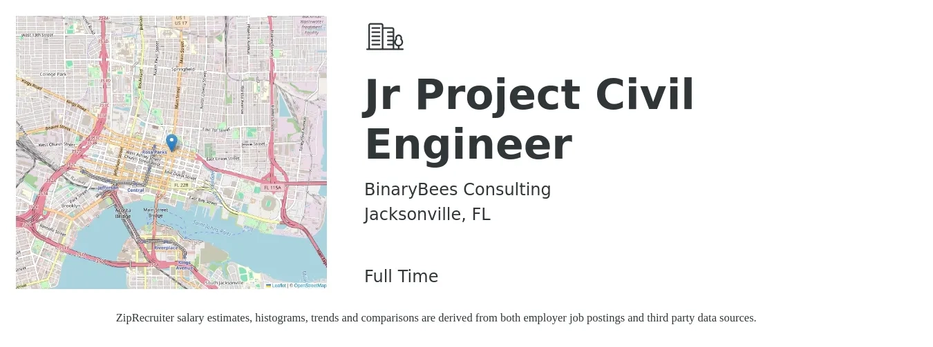 BinaryBees Consulting job posting for a Jr Project Civil Engineer in Jacksonville, FL with a salary of $78,800 to $105,200 Yearly with a map of Jacksonville location.
