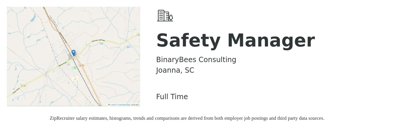 BinaryBees Consulting job posting for a Safety Manager in Joanna, SC with a salary of $62,300 to $97,600 Yearly with a map of Joanna location.
