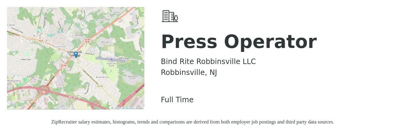 Bind Rite Robbinsville LLC job posting for a Press Operator in Robbinsville, NJ with a salary of $16 to $21 Hourly with a map of Robbinsville location.