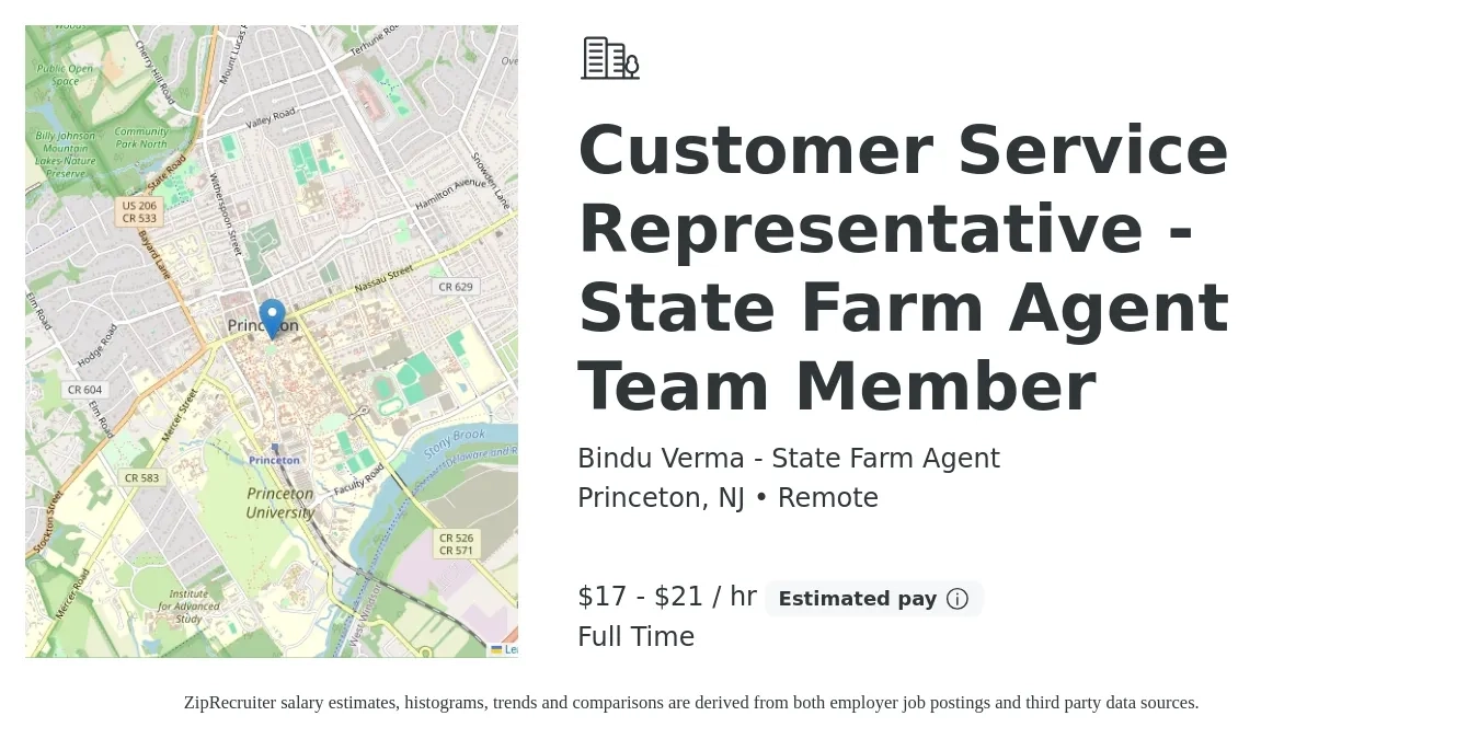 Bindu Verma - State Farm Agent job posting for a Customer Service Representative - State Farm Agent Team Member in Princeton, NJ with a salary of $18 to $22 Hourly with a map of Princeton location.