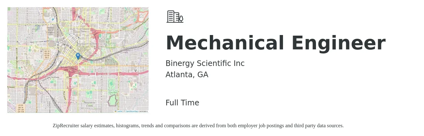 Binergy Scientific Inc job posting for a Mechanical Engineer in Atlanta, GA with a salary of $78,400 to $121,700 Yearly with a map of Atlanta location.