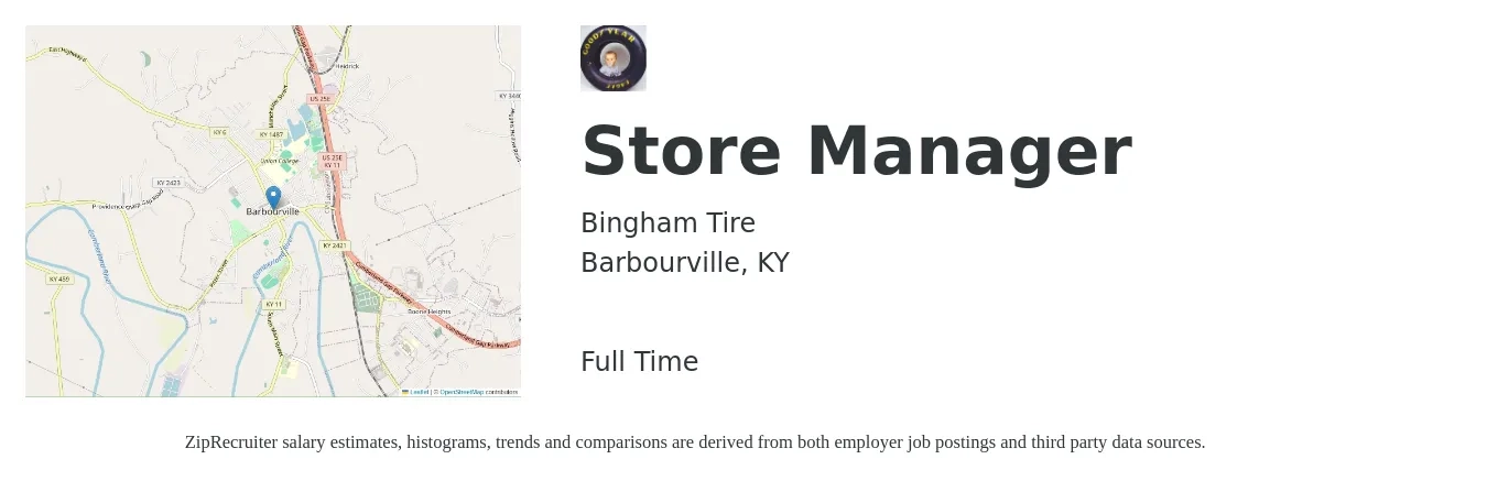 Bingham Tire job posting for a Store Manager in Barbourville, KY with a salary of $34,100 to $53,000 Yearly with a map of Barbourville location.