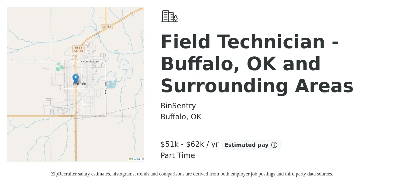 BinSentry job posting for a Field Technician - Buffalo, OK and Surrounding Areas in Buffalo, OK with a salary of $51,000 to $62,500 Yearly with a map of Buffalo location.