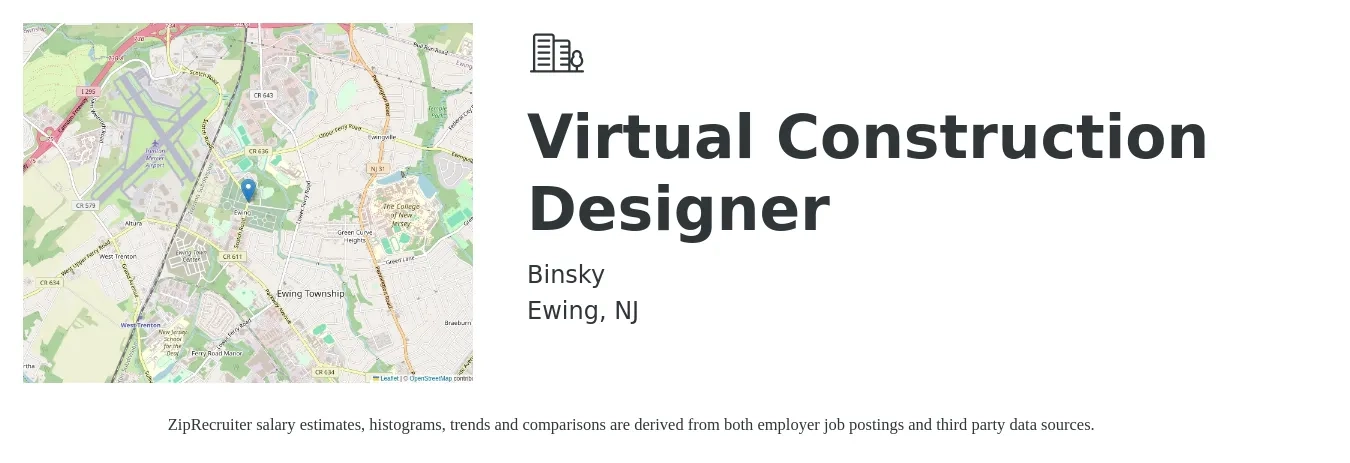 Binsky job posting for a Virtual Construction Designer in Ewing, NJ with a salary of $55,600 to $104,600 Yearly with a map of Ewing location.